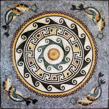 Marble Medallion Wave Design with Dolphins Mosaic